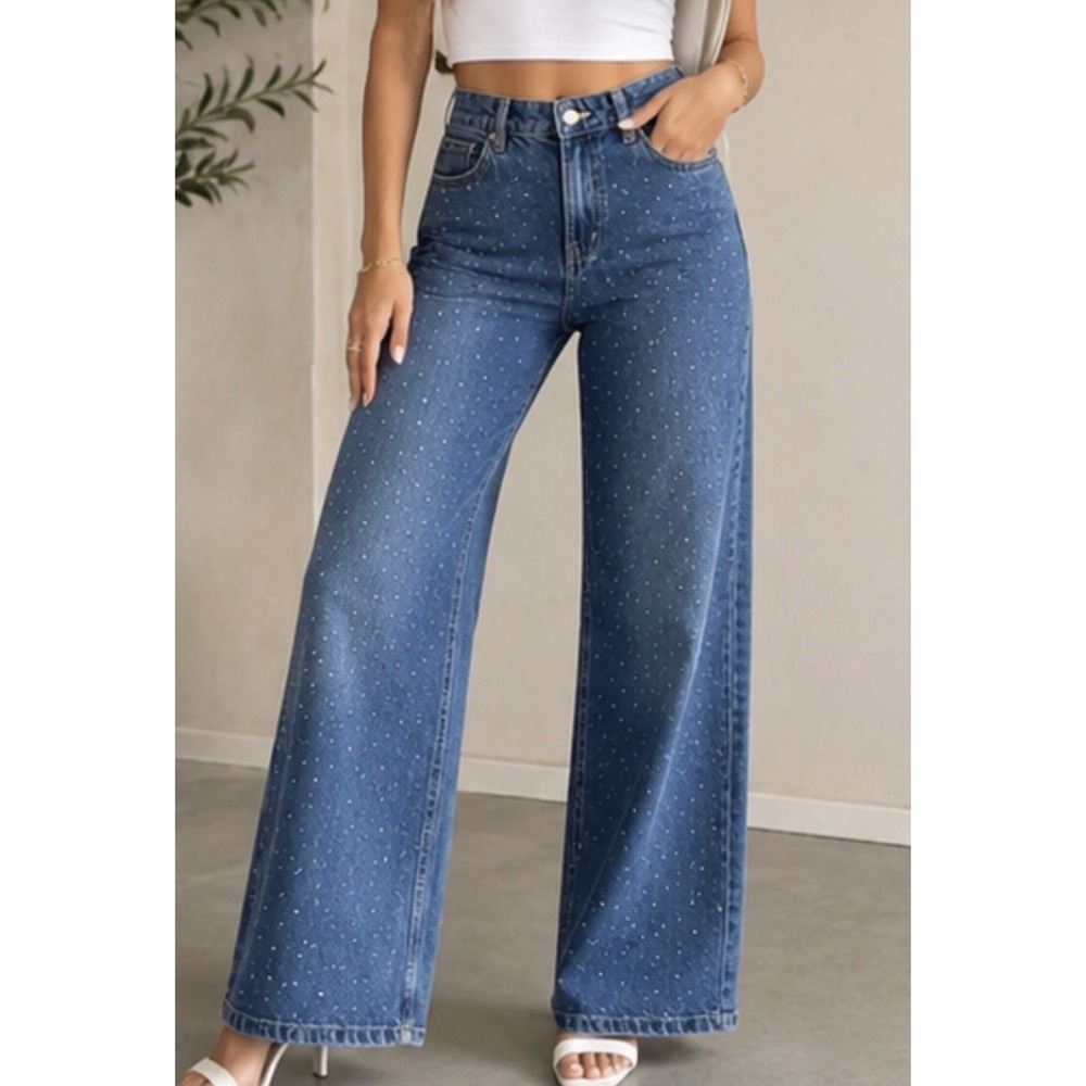 Scoop Women's Rhinestone Wide Leg Jeans Size 8 High Rise Medium Wash NWT